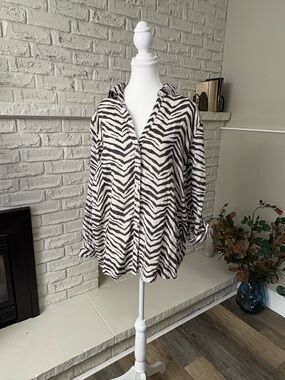 Tahari 100% Linen Zebra Print Button-Down Tunic Shirt Size Large